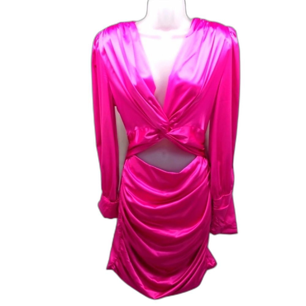 Glamaker Purple Satin Twist Front Cut-Out Ruffles Ruched Bodycon Mini Woman's L.